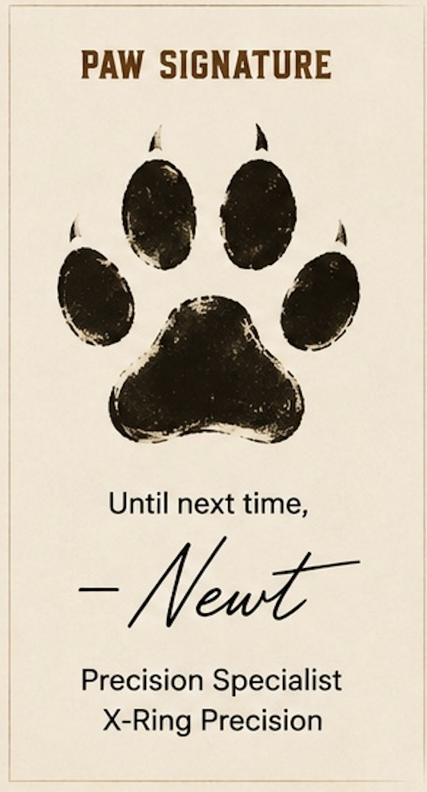 Until next time — Newt, Precision Specialist, X-Ring Precision